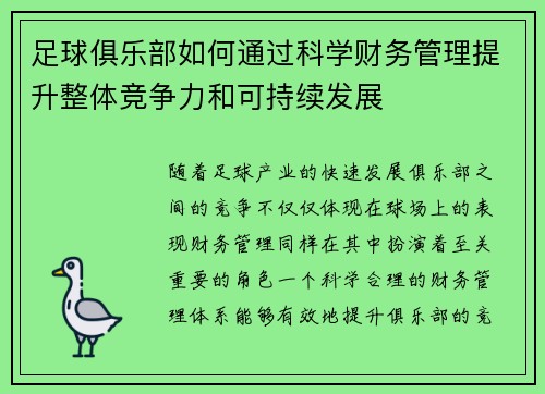 足球俱乐部如何通过科学财务管理提升整体竞争力和可持续发展